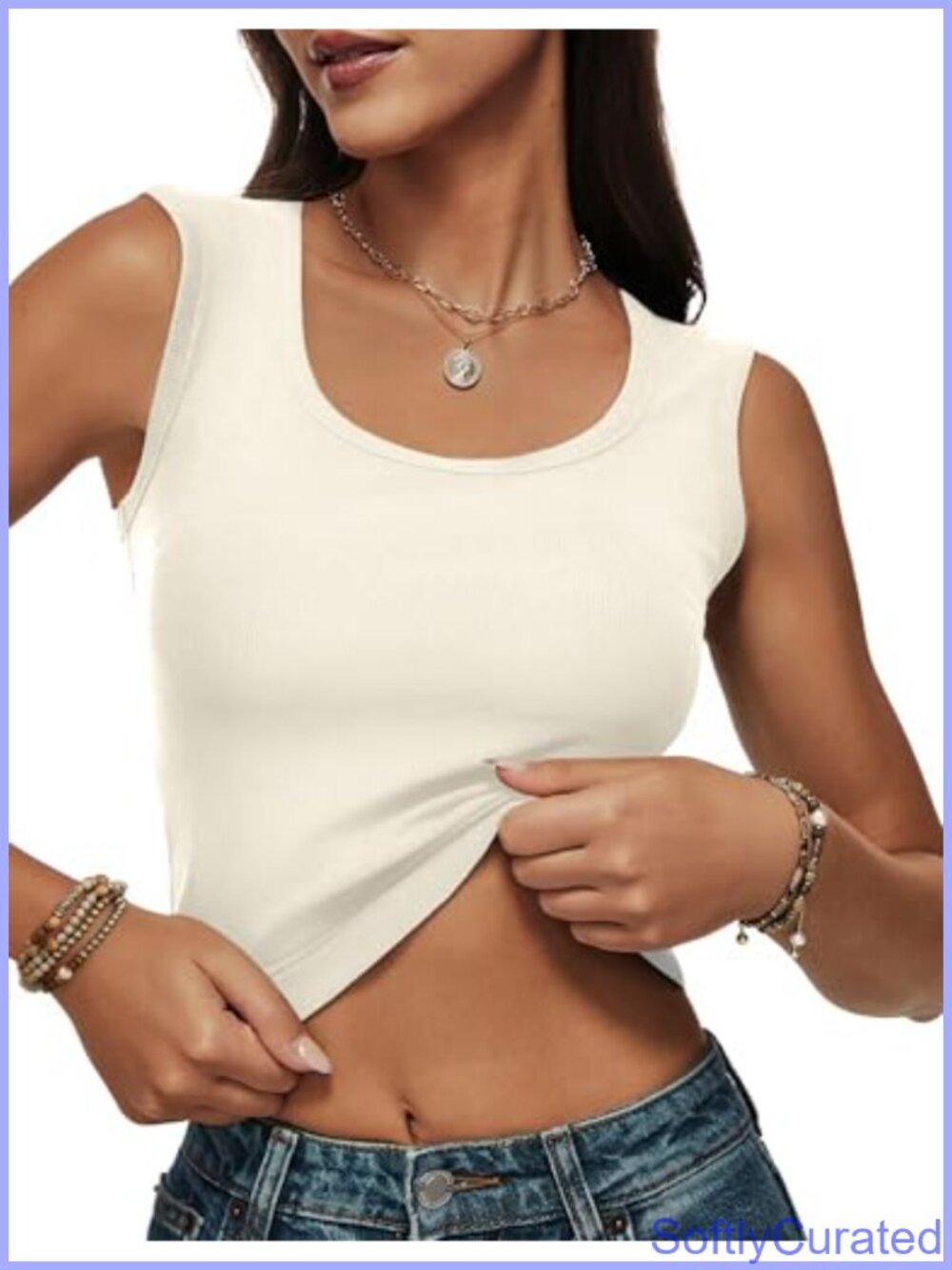 Ribbed Cropped Tank Top Wide Strap Scoop Neck Slim Fit Sleeveless Cami
